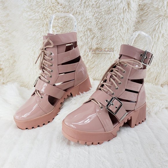 Cape Robbin Shoes - Nude Patent Cut Out Combat Boot Sandals